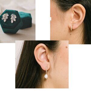 Set of 3 Clip-on earrings- Aiori real pearl silver, gold, crystal leaf wedding